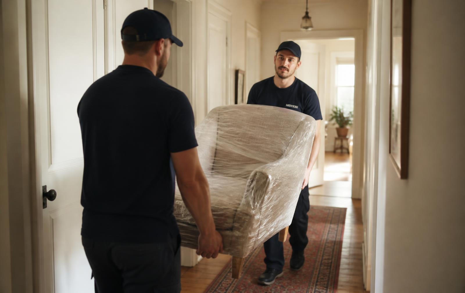 Movers carrying a wrapped armchair through a hallway
